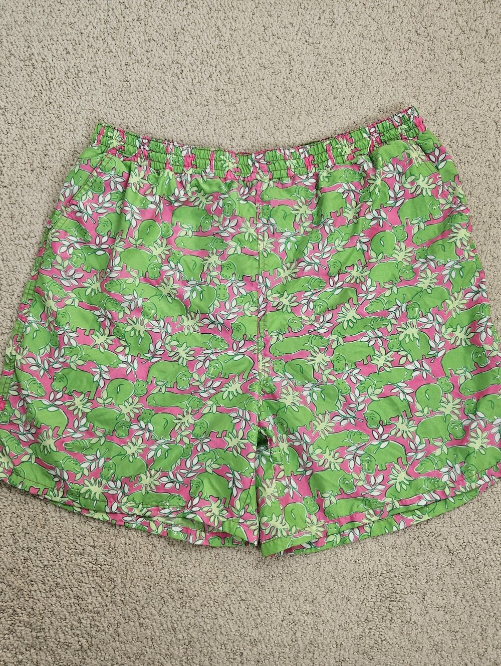 Vintage Lilly Pulitzer Swim Trunks Mens 90s Hippo Pink Green Medium Drawstring